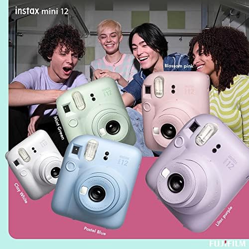 Фотоапарат непосредствена печат Fujifilm Instax Mini 12 (мятно-зелен) с фокусно разстояние 60 мм + двойна филм Fujifilm Instax Mini (20 експозиции) + Опаковка от 10 листа стикери с цифри + Аксесоар Fuji Ice Blue Album