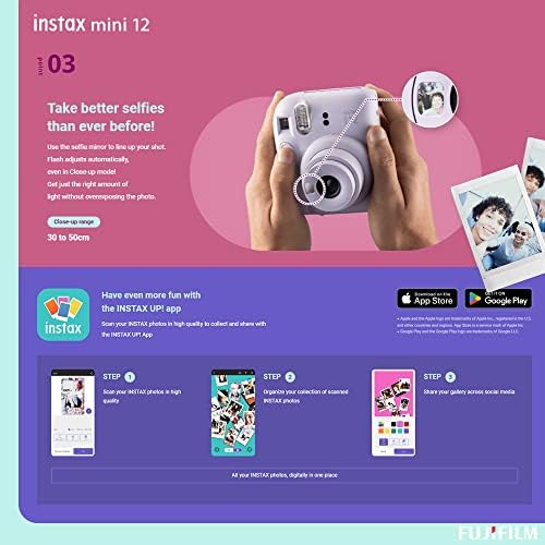 Фотоапарат непосредствена печат Fujifilm Instax Mini 12 (пастельно-синьо) с фокусно разстояние 60 мм + 2 фотографски филм Fujifilm Instax Mini Twin (20 експозиции) + една алкална батерия Energizer Max тип AA с 4 батерии