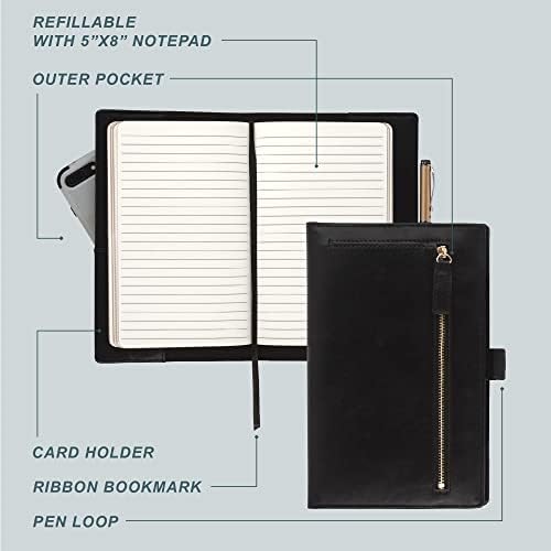 Samsill Notebook Portfolio - Бизнес Портфейл за жени, стойка за преносим компютър, с Джоб за аксесоари с цип, Бележник за Еднократна употреба с размери 5x8 см, черен