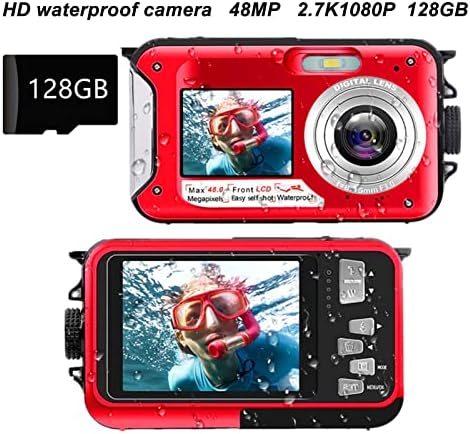 Водоустойчив Цифров Фотоапарат, Камера-Видео Full HD 2.7 K 48MP, Селфи с Двоен Екран, 16-Кратно Цифрово Увеличение, 10-Подножието Подводна Камера, Вграден Микрофон, за гмуркане (Червен)