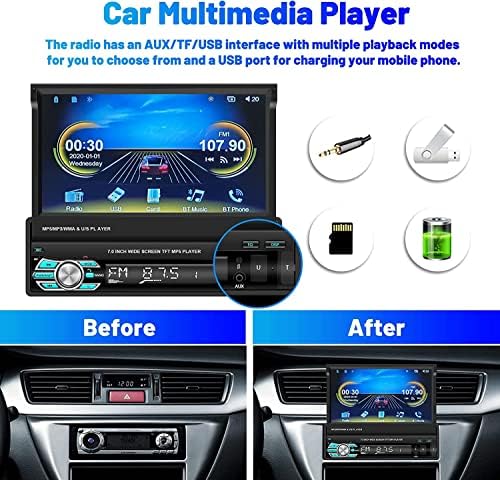 Авто Стереоприемник Apple Carplay Android Auto в Един Din, Hikity, 7-Инчов Foldout Сензорен екран, Огледалото за Bluetooth комуникация, Авто Аудиоприемник с резервна камера, FM SWC + Безжично ди