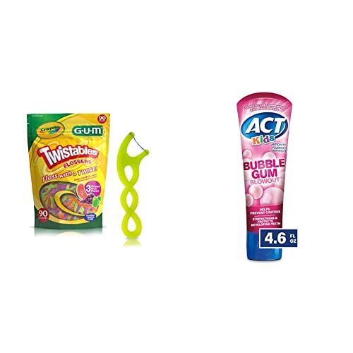 Зъбни конци Crayola Twistables, Покрити с флуорид, с вкус крученых плодове, на Възраст от 3 и повече години, броят на 90 парчета - 859 рубли, паста за зъби ACT Kids Anticavity с флуор, 4,6 унции. Количеството на дъвки