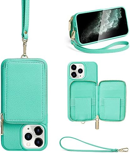 Калъф за носене в чантата си ZVE за iPhone 11 Pro, една Чанта-портфейл с цип, с Каишка за кредитна карта, Защитна Чанта, Калъф-Чанта за Apple iPhone 11 Pro 5,8 инча - Мятно-Зелен