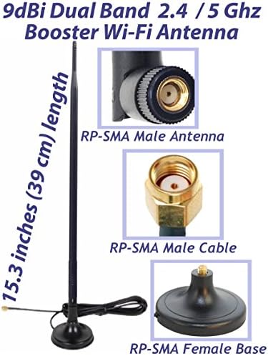 Двухдиапазонная Ненасочена антена на Wi-Fi с коефициент на усилване 9dbi 2,4/5 Ghz 802.11 a/b/g/n/ac конектор RP-SMA на магнитното база с коаксиальным кабел RG174 с ниски загуби 1,65 метра/19,5 инча/50 см