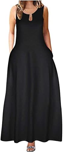 Летни рокли от PVC за жени 2023, Дълга Рокля на Бретелях Без Ръкави, Трапециевидное Рокля Макси-люлка, Однотонное Ежедневна Рокля с Джобове