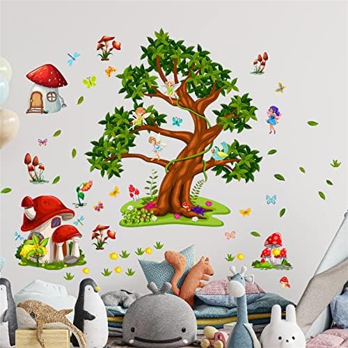 Стикери за стена със зелено дърво, животни в джунглата, Голямо дърво, Страхотни стикери за стена, Реалистична 3D стикер за стая с участието на гъби от карикатура, може да разгърнете въображението на вашето дете, Подходяща