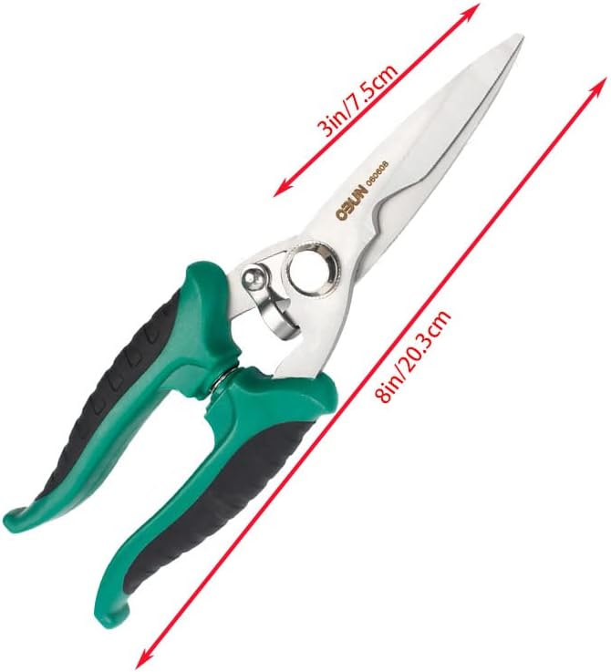 8-инчов многофункционална тежки ръчни ножици, ножици за електронно кабел от неръждаема стомана / ножици за консервиране, перфектна за домашно почистване, за техници, за ръчна работа, инструменти за електрозахранване,