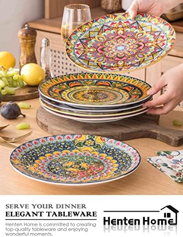 Керамични Кът чинии Henten Home впечатлява със своя бохемски стил, Комплект от 6 Порцеланови чинии за паста 10.5 инча, Чинии за стек с Цветен модел за кухня, Сервировочная Прибори за салати, Устойчиво на надраскване