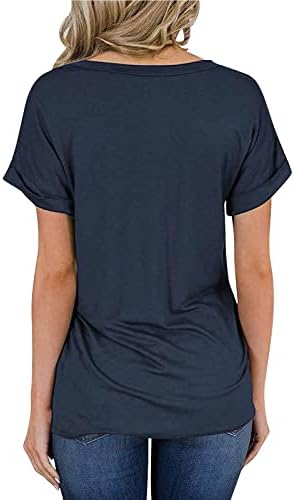 Дамски Летни блузи 2023, Пролетно-Лятна Тениска с V-образно деколте и джобове, с Закатанным ръба, Свободни Блузи с Къс ръкав
