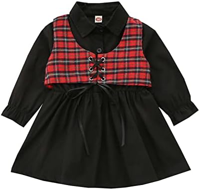 Xbgqasu/ Коледен Карирани жилетка за малки момичета, комплект дрехи от 2 теми, рокля на Принцеса от однотонного памук с дълъг ръкав, комплект дрехи за деца 6 (черен, 18-24 месеца)