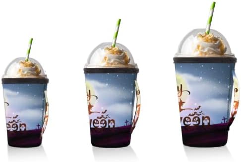 Честит Хелоуин Wizard Прилеп многократна употреба Кафе ръкав с лед с дръжка От Неопрен за Напитки, кафе лате, Чай, Напитки, Бира (Средно 24-28 унции)