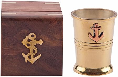 Чаша за текила Devyom Royal от Месинг с Монограм на Котва в Дървена кутия с ръчно изработени – Набор от една Чаша