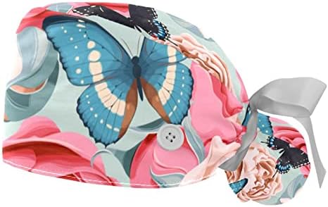 Дамски Работни шапки Kigauru от 2 опаковки, с Каишка за пот, Розова Шапка с Начесом под формата на Опашката с Завязками в формата на Цветя