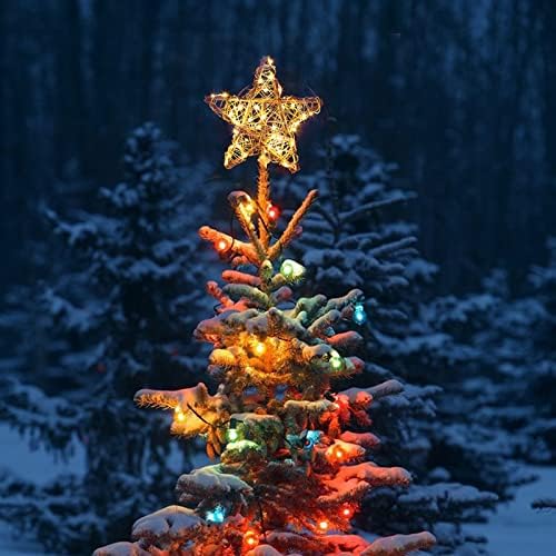 MostaShow Върхът на Коледната елха, 12 Ратанови Натурална Звездна Върхът на дървото, Осветени 23 Футовыми 50LED Топли Бели медни електрически крушки, захранвани от USB, Селски led върхът за украса на Коледната Елха
