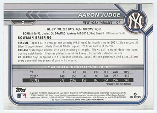 Бейзболна картичка 2022 Боуман #2 Аарон Джадж Ню Йорк Янкис МЕЙДЖЪР лийг бейзбол