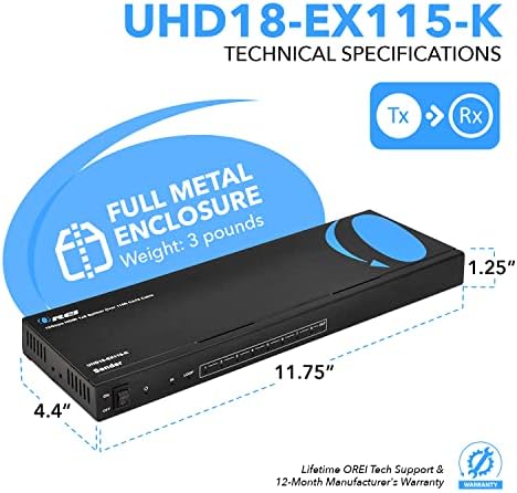 Удължител-сплитер OREI 4K 1x8 HDMI, няколко в един единствен кабел CAT6/7 4K при 60 Hz 4: 4: 4 HDCP 2.2 с IR дистанционно управление EDID - на Разстояние до 115 фута - Излизане на линия - Ниска задържане - Пълна поддръжка