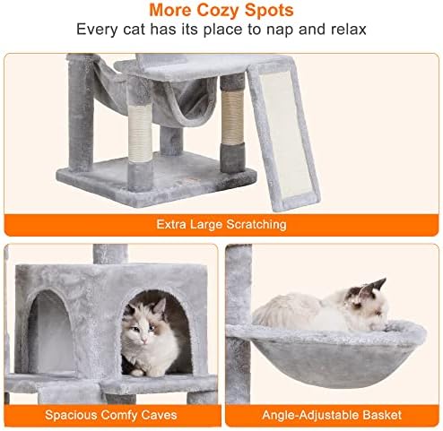 Heybly Cat Tree, Котешка Кула за котки в затворени помещения, Мулти-Котешка Мебели за кучета с Меко Плюшено Насестом, Уютна Корзинкой и Когтеточкой Светло Сив HCT014W