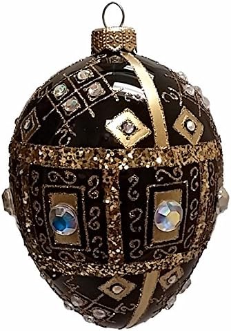 Коледна Украса от Полиран Стъкло за яйца в стил Фаберже, Украшенное Черни и Златни Скъпоценни камъни