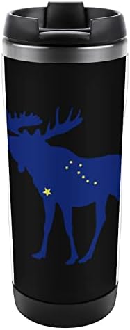 Пътна Чаша със снимка Лосове под Флага на Аляска, Чашата за Кафе с Вакуумна Изолация от Неръждаема Стомана с Капак за Дома, Офиса, на Открито, 12 Мл