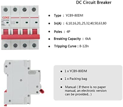 Автоматичен прекъсвач за постоянен ток, SJSW YCB9-80DM 4P, използван за фотоволтаична система за сигурност 6kA 1000V DC (Цвят: 4P, размер: 50A)