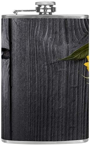 Фляжка за алкохол от Неръждаема стомана Запечатани с Фуния 7,7 унция в Кожа джоба Страхотна идея за подарък Фляжка - Красив Слънчоглед на тъмно-сива дървена текстура
