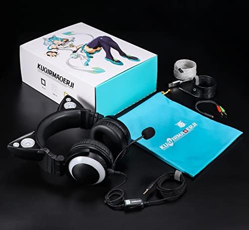 Специално безжични слушалки с кошачьими уши (12 Сменяеми цвята) С подключаемым HD-микрофон и бутон за изключване на микрофона, С високоговорители, конектор 3.5 мм, За PS4 игри, PS5, Xbox One, КОМПЮТЪР, телефон (черен)