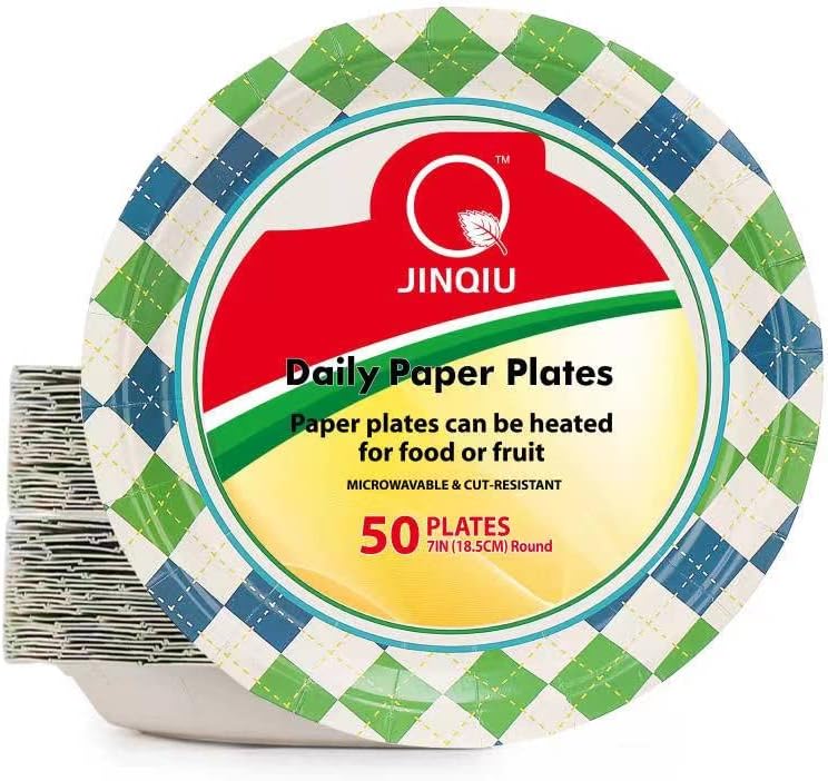 Хартиена чиния JINQIU | за Еднократна употреба, Отпечатани чинии | Размер на 7 и 9 инча за обяд или лека вечеря | Устойчива, безопасна за микровълнова печка | Обемни табели с тегло 50 и 125 карат за партита