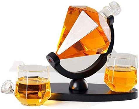 Набор от графинов за уиски DEPILA Creative Globe, Стъклени съдове с форма на диамант, с 2 чаши и дървена основа, гарафа за уиски Трезвост