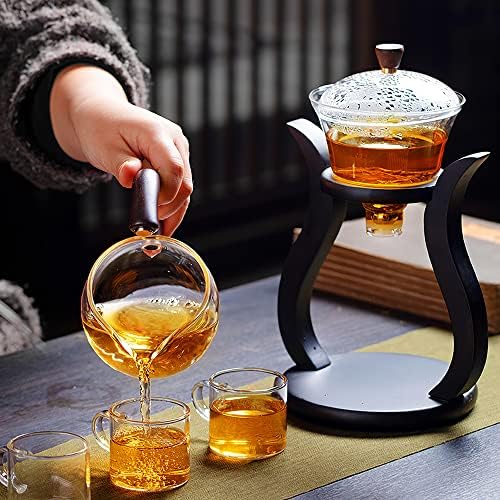 Чайник CUNHUY Мързел Kungfu с капково завариванием, Огнеупорни Чаен комплект, Полуавтоматични Стъклен чайник с магнитен поток на водата, Комплект дървени стъклени манекени (Дървена дръжка + стъкло корпус)