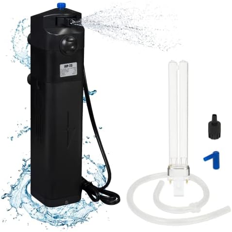 Потопяема UV-стерилизатор AquaShine JUP-23 за аквариума - аквариумная корона мощност 13 W с вграден водно и въздушно помпа - Допълнително UV-лампа в пакет - Машина за унищожаване на зелени водорасли.
