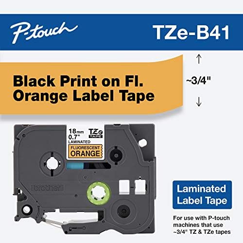 Оригиналната лента Brother P-Touch TZE-B41, стандартна ламинирана лента с ширина 3/4 инча (0.7), черна на флуоресцентно-оранжево, Ламинат за вътрешно и външно използване, Водоустойчив, 0,7 x 16,4 (18 мм x 5 м), TZEB41